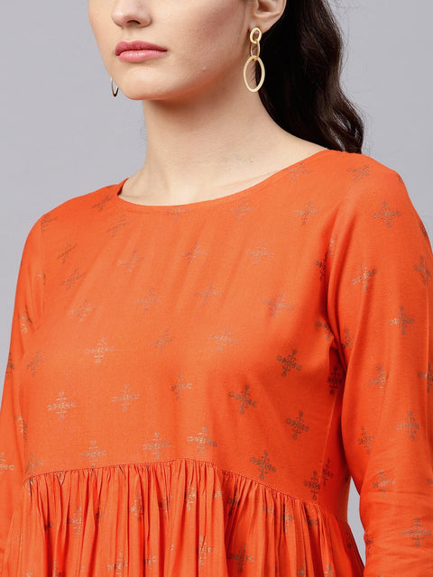 Rusty Orange printed kurta with round neck and 3/4 Flared sleeves