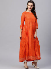 Rusty Orange printed kurta with round neck and 3/4 Flared sleeves