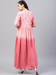 Pink ombre maxi kurta with round neck  and 3/4 sleeves