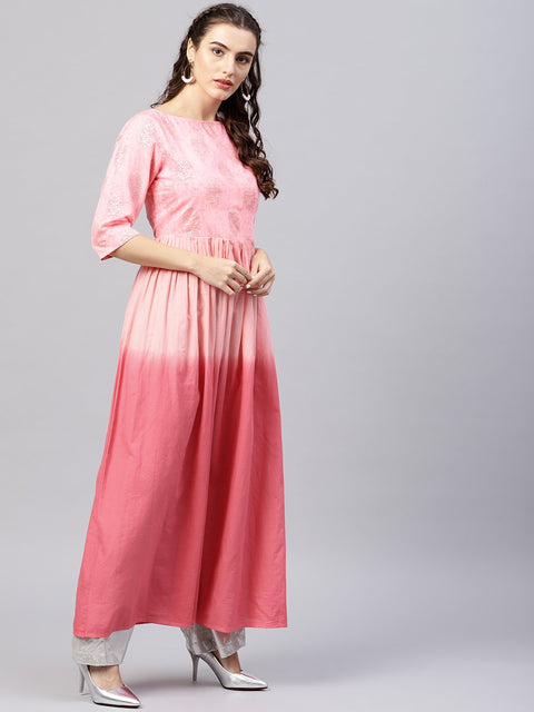 Pink ombre maxi kurta with round neck  and 3/4 sleeves