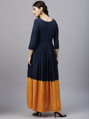 Navy blue and Orange Ombre dyed maxi dress with Round neck and 3/4 sleeves