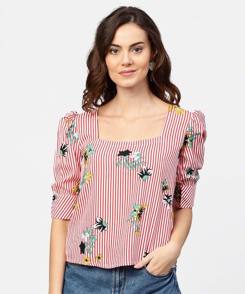 Pink striped half cuff style sleeve crepe top
