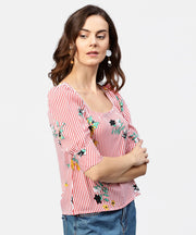 Pink striped half cuff style sleeve crepe top