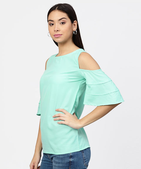 Sea green cold shoulder layered sleeve crepe top