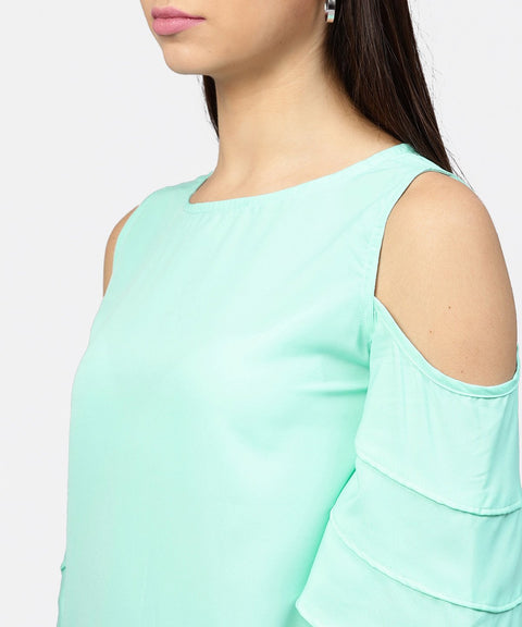 Sea green cold shoulder layered sleeve crepe top