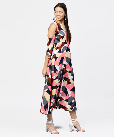 Multi printed 3/4th cold shoulder sleeve A-line Maxi dress