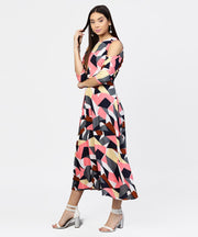 Multi printed 3/4th cold shoulder sleeve A-line Maxi dress