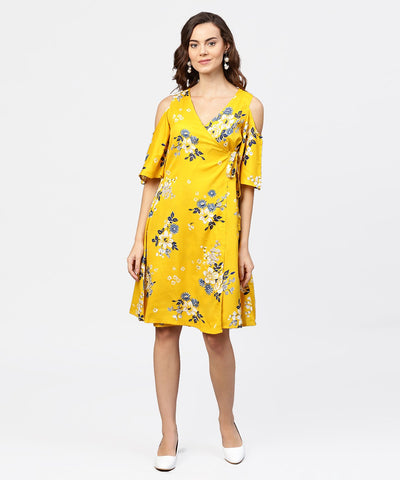 Printed Assymetrical A-line knotted belt style dress with 3/4th cold-shoulder sleeve