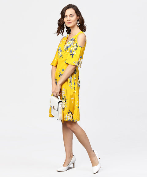 Printed Assymetrical A-line knotted belt style dress with 3/4th cold-shoulder sleeve
