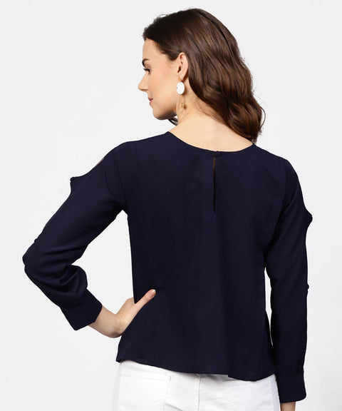 Blue full sleeve crepe top with gathered