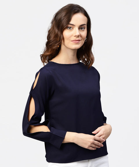 Blue full sleeve crepe top with gathered