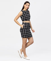 Black check boat nect crop top with high waisted skirt