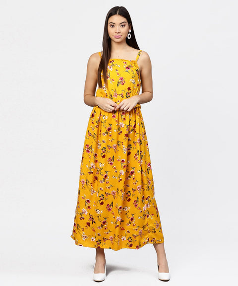 Yellow printed shoulder strapped with a gather neckline maxi dress