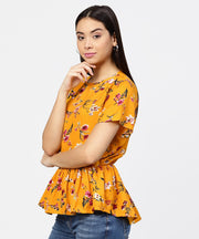 Yellow printed short sleeve with a gathered peplum style top