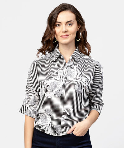 Black printed short sleeve top with shirt collor