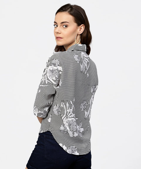 Black printed short sleeve top with shirt collor