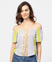 Striped multi printed off shoulder front open top