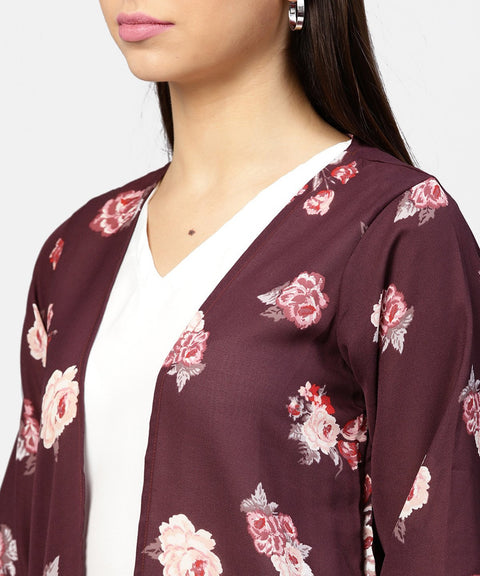 Aasi - House of Nayo solid V-neck Cream Top with Floral Printed Loose-fit 3/4th sleeves Open style Cape