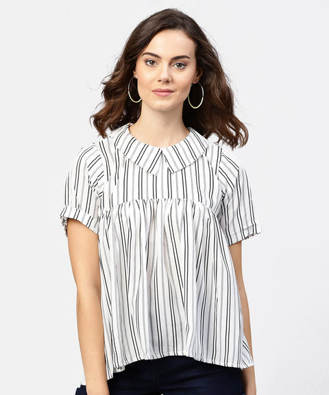 Striped Printed Short-Shirt Collar and Elbow Sleeves A-Lined Top