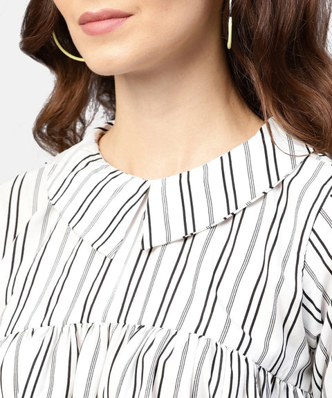 Striped Printed Short-Shirt Collar and Elbow Sleeves A-Lined Top