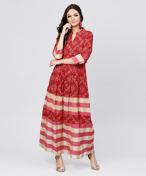 Red printed dress with mandarin collar and 3/4 sleeves