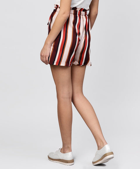 Multi colored striped shorts with fabric belt