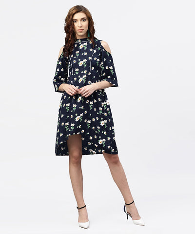 Navy blue printed dress with Round neck and Cold shoulders sleeves