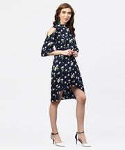 Navy blue printed dress with Round neck and Cold shoulders sleeves