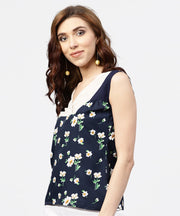 Navy blue floral  printed Sleevless  top with front yoke and V-neck