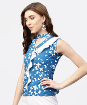 Blue printed top with front placket and madarin collar