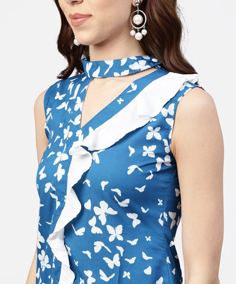 Blue printed top with front placket and madarin collar