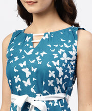 Blue printed Sleevesless Asymmetric dress with gathered round neckline