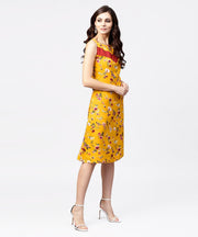 Mustard floral printed sleeveless dress with key hole neck