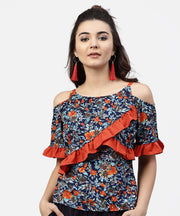 Blue Floral printed top with round neck and cold shoulders