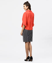 Red cape sleeves formal Shirt set with midi striped skirt