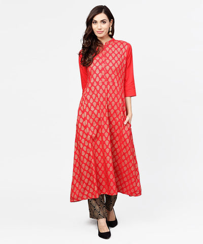 Red printed 3/4th sleeve cotton anarkali kurta with brown printed ankle length palazzo