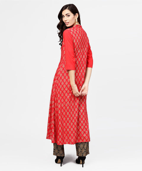 Red printed 3/4th sleeve cotton anarkali kurta with brown printed ankle length palazzo