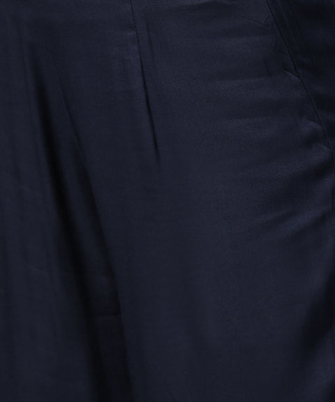 Navy blue yoke printed 3/4th sleeve cotton yoke printed kurta with ankle length palazzo