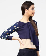 Blue full sleeve assymetric layered crepe tops