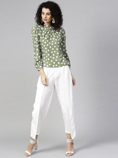 Women Olive Green & White Printed Top with Trousers
