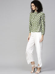 Women Olive Green & White Printed Top with Trousers