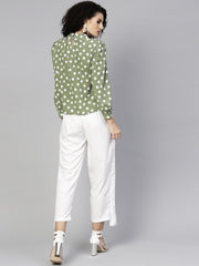 Women Olive Green & White Printed Top with Trousers