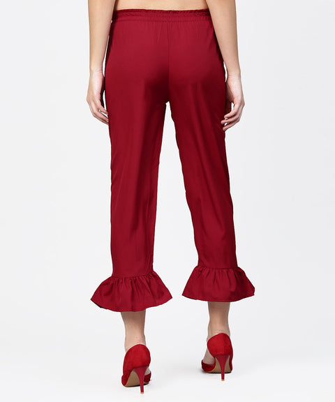 Aasi - House of Nayo Maroon ankle length crepe straight palazzo with belt