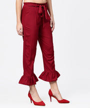 Aasi - House of Nayo Maroon ankle length crepe straight palazzo with belt