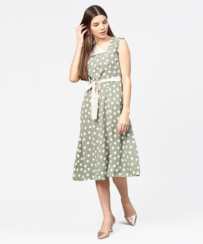 Green Polka dot printed sleeveless A-line dress with belt