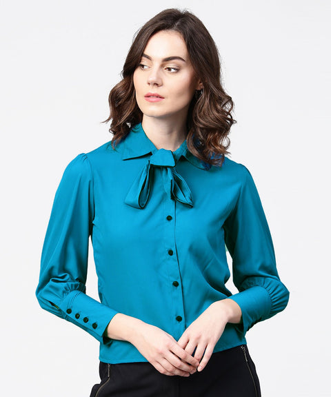Blue full sleeve crepe shirt with tye design at front