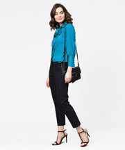 Blue full sleeve crepe shirt with tye design at front