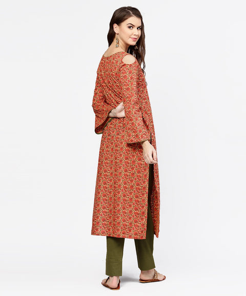 Red printed Long sleeve cold shoulder cotton kurta with green ankle length palazzo