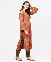 Red printed Long sleeve cold shoulder cotton kurta with green ankle length palazzo