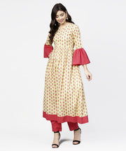 Off white printed full sleeve cotton anarkali kurta with pink ankle length palazzo